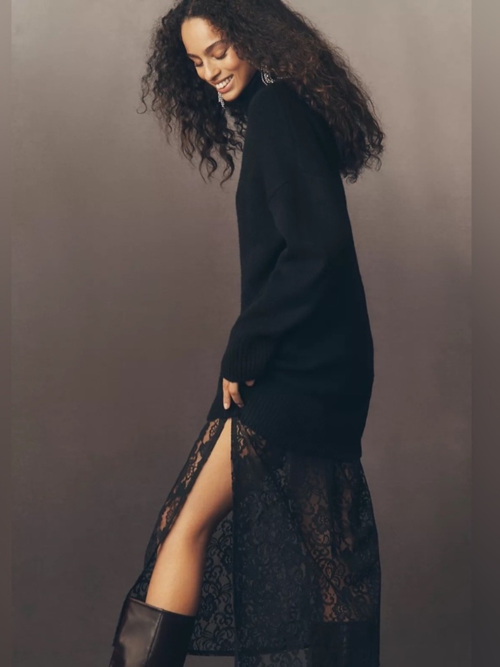 NWT! Anthropologie Black Sweater Lace Twofer Midi Dress